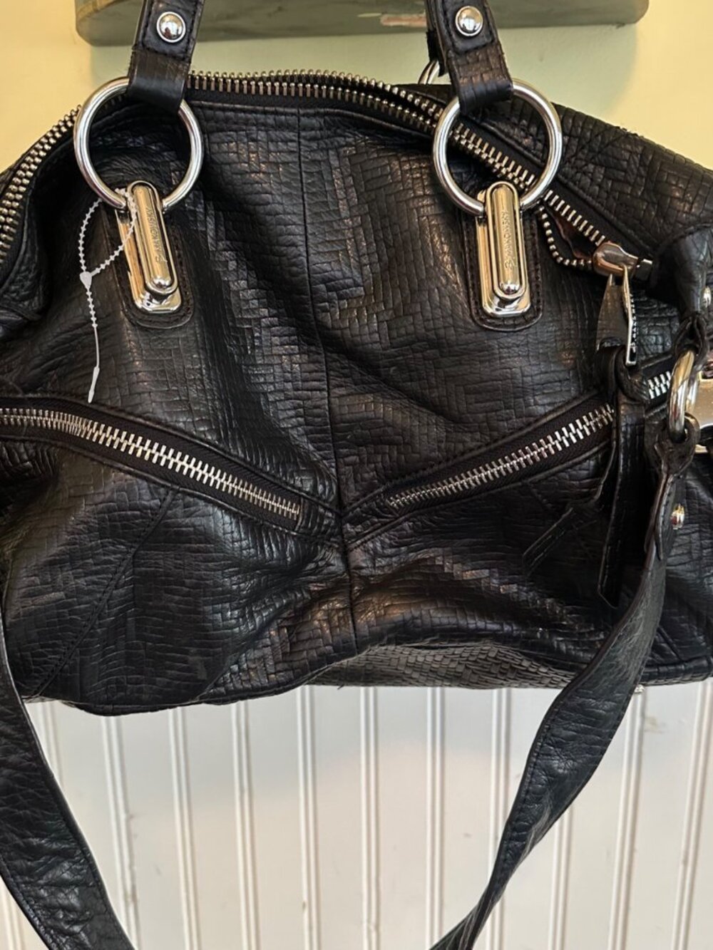 B.Makowsky Black Leather Textured Satchel With Silver Hardware